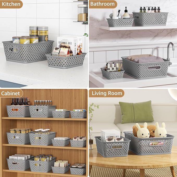MaxGear Organization and Storage 3 Packs, Plastic Bins Organizer Bins, Woven Baskets for Storage, Plastic Baskets with Handles, Grey Basket for Organizing, Basket Organizer for Home and Office, Small
