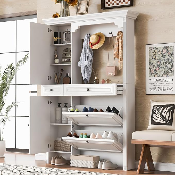 54.7'' Hall Tree with Integrated Shoe Cabinet and Mirrored Cabinet Door, 4-in-1 Design Entryway Coat Hanger with 2 Flip Drawers, 4 Hooks and 2 Cabinets for Entrance Living Room