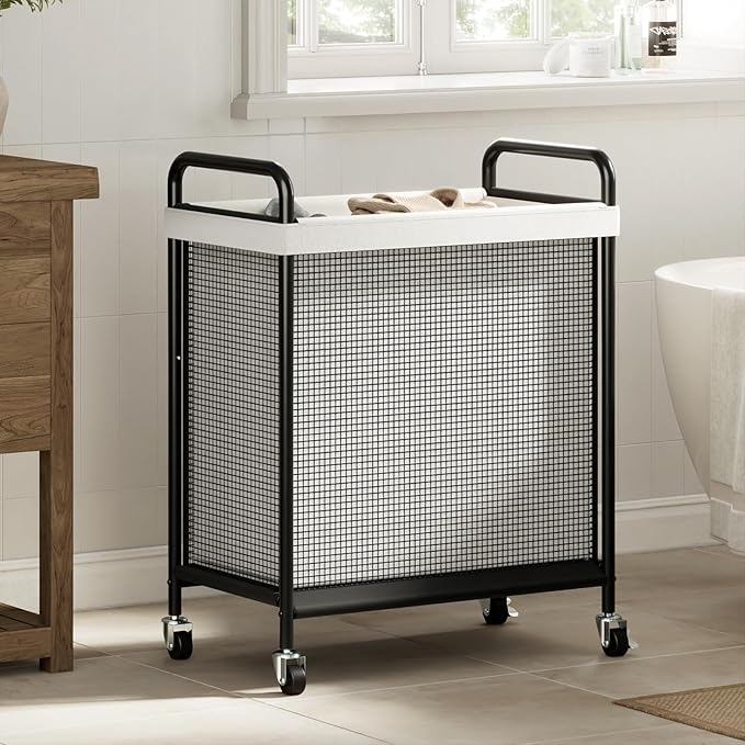 WOWLIVE Rolling Laundry Hamper with Wheels, 90L Laundry Basket with Removable Liner Bag, Laundry Sorter with Metal Handle, Large Capacity Clothes Hamper for Laundry Room, Bathroom and Dorm, Beige