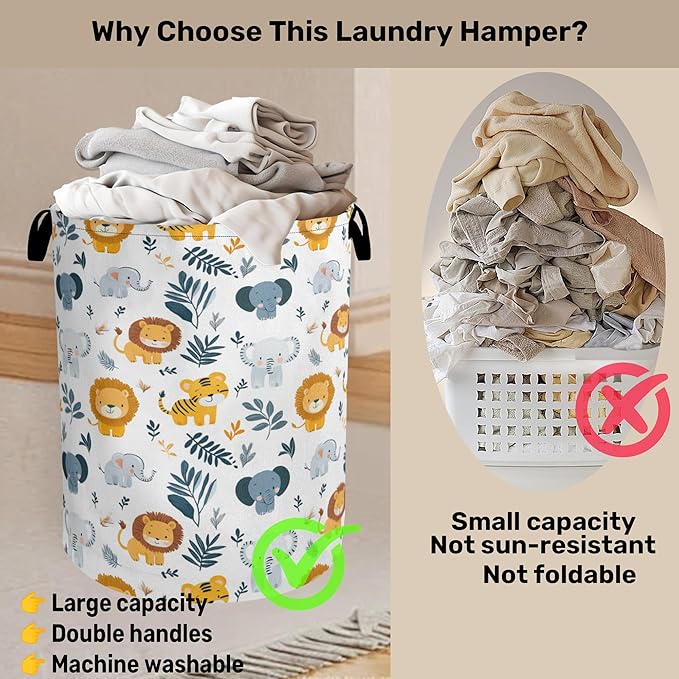 Cute Wood Animals Foldable Canvas Laundry Basket with Handles - Toy Organizer, Heavy Duty for Home，Bedroom, Dorm, Bathroom