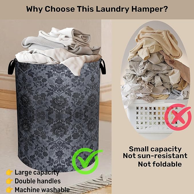Black Damask Flower Laundry Basket - Large Laundry Hamper with Handles, Space Saving Foldable Design for Nursery