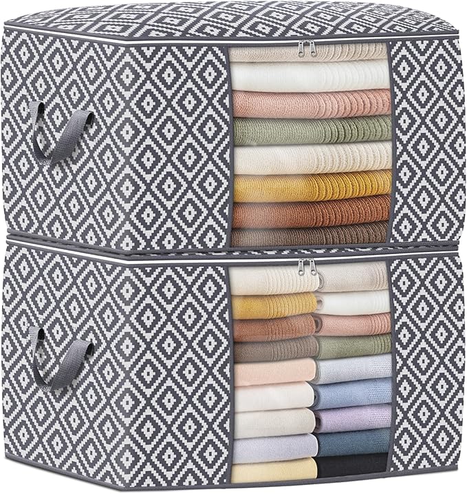Direct 100L, 2 Pack, Storage Containers, Large Clothes Storage Bins Foldable Organization and Storage Bags with Reinforced Handle, Clear Window for Bedding, Blankets, Clothing, Grey