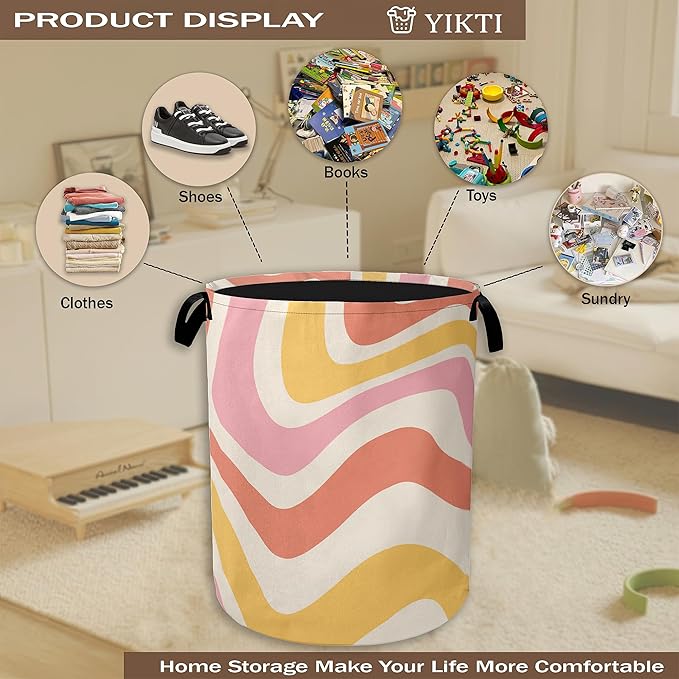 Mid Century Laundry Basket,Colorful Ripples Clothes Hamper,Oxford Cloth Collapsible Nursery Hamper Storage Organization for Bedroom,Bathroom,Office,College Dorms,16x20 Inch