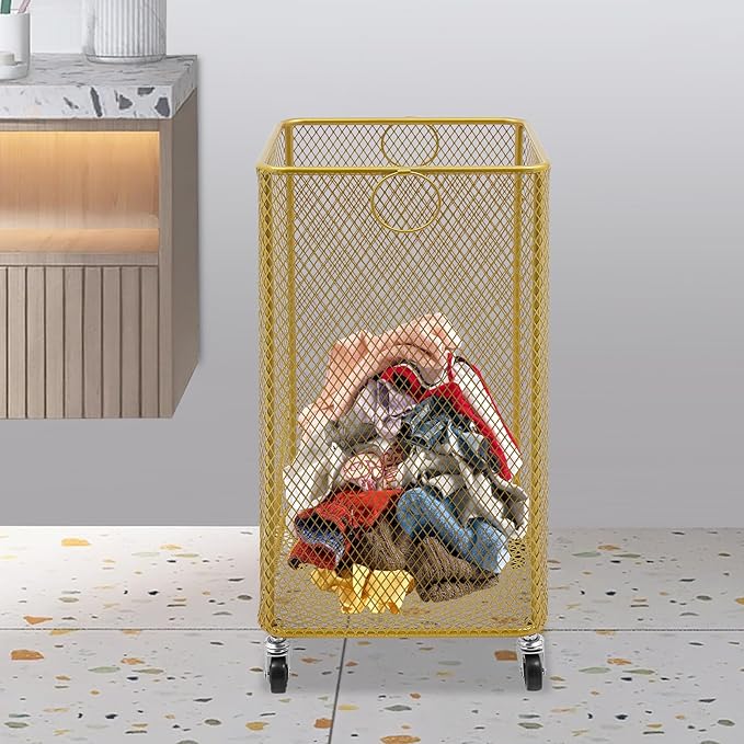 Wire Metal Rolling Laundry Basket On Wheels,Mesh Wire Laundry Basket Storage Cart for Bathroom Bedroom Dirty Clothes Storage (A)