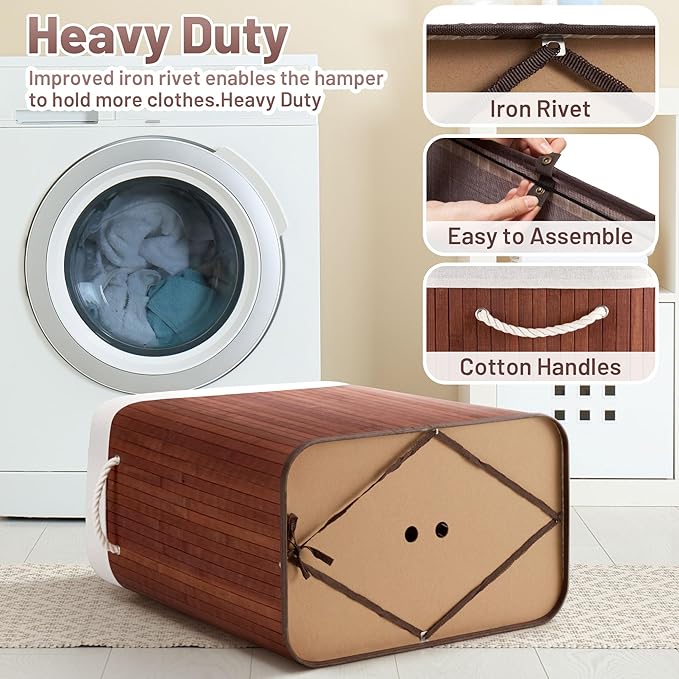 150L Laundry Hamper with lid, 3-Section Clothes Laundry Basket with Handles, Large Collapsible Bamboo Baskets for Bedroom, Bathroom, Dorm, Brown