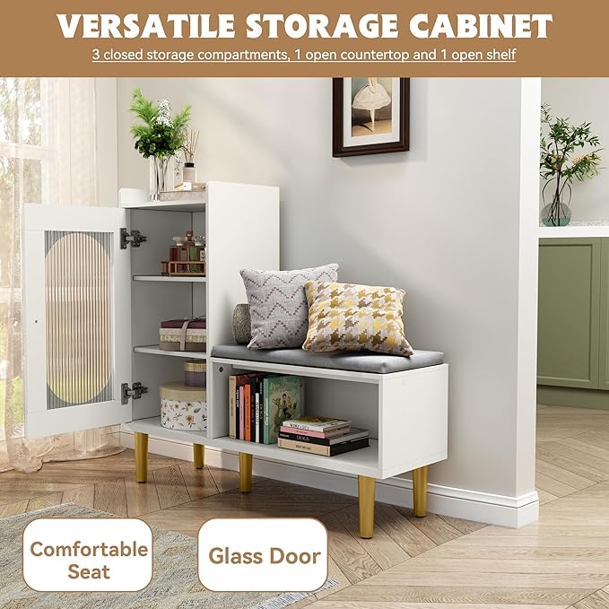 HLR Storage Bench with Glass Door&Shelf, Modern Entryway Shoe Cabinet Bench with Padded Seat, L-Shaped Storage Cabinet for Hallway, Bedroom, Living Room, Office, White