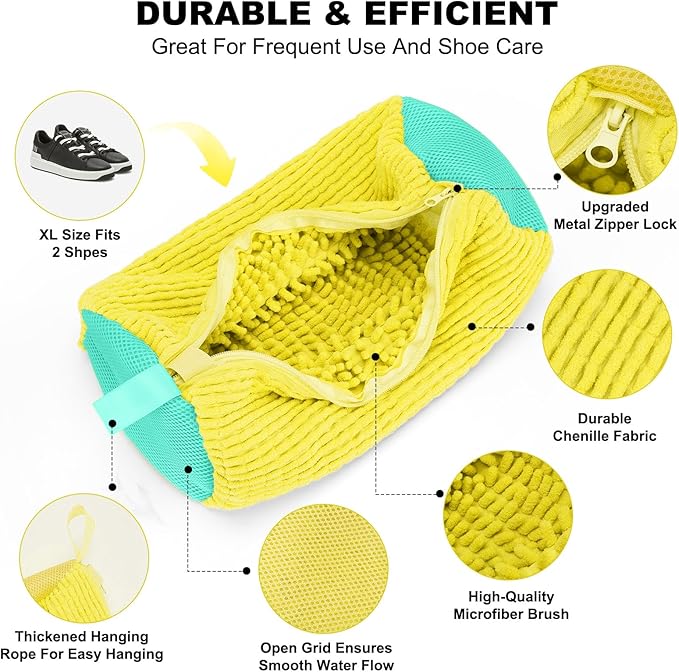 Shoe Washing Machine Bag - Shoe Laundry Bag for Washer and Dryer, Reusable 2 Pack, 360° Deep Cleaning, Self-Locking Zipper, Fits All Sneakers & Tennis Shoes - Yellow