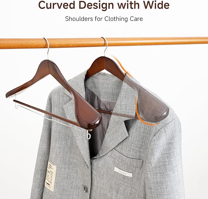 StorageWorks 6 Pack Wooden Hangers, Extra Wide Shoulder Wood Hangers with Locking Bar for Suit, Shirt, Coat, Pants, Walnut Color