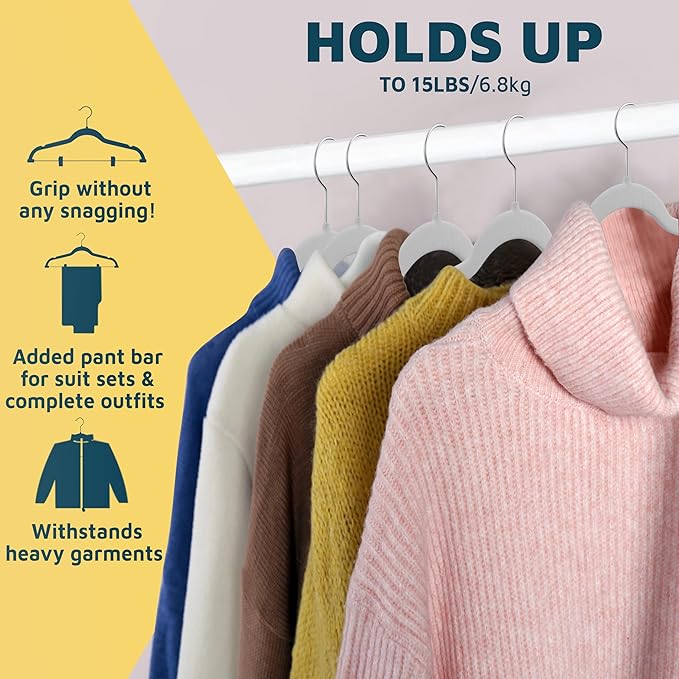 Lifemaster Velvet Skirt Hangers – with Adjustable Clips, 360 Degree Swivel Hook, and Non-Slip Shoulder Notch, Holds Up to 10 lbs, for Organizing Skirt, Pants, Dress, and Clothes, Pack of 50, White