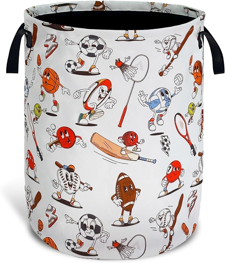 Cartoon Balls Laundry Basket Foldable Waterproof Oxford Cloth With Handle Portable Sports Theme Storage Basket Organizer Suitable For Laundry Room/Bedroom/Children'S Room (18.9 X 16.5 Inch)