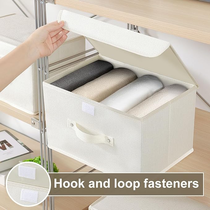 Fabric Storage Bins Cube Organizers with Flip-Top Lid and Handles,Storage Boxes for Organizing Home,Office,and Closet,Beige,5 Pack 13 X 9.1 X 7.9 in