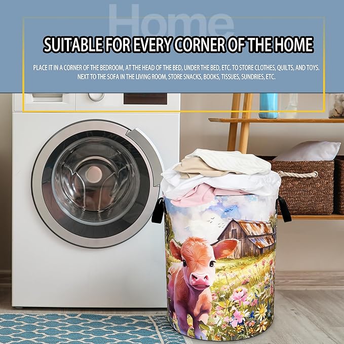 Cute Highland Cow Laundry Basket Farm Flowers Foldable Oxford Cloth Funny Tote Bag Laundry Hamper Clothes Storage Bucket Toy Organizer For Bathroom/Laundry Storage/Bedroom 18.9x16.5 Inch