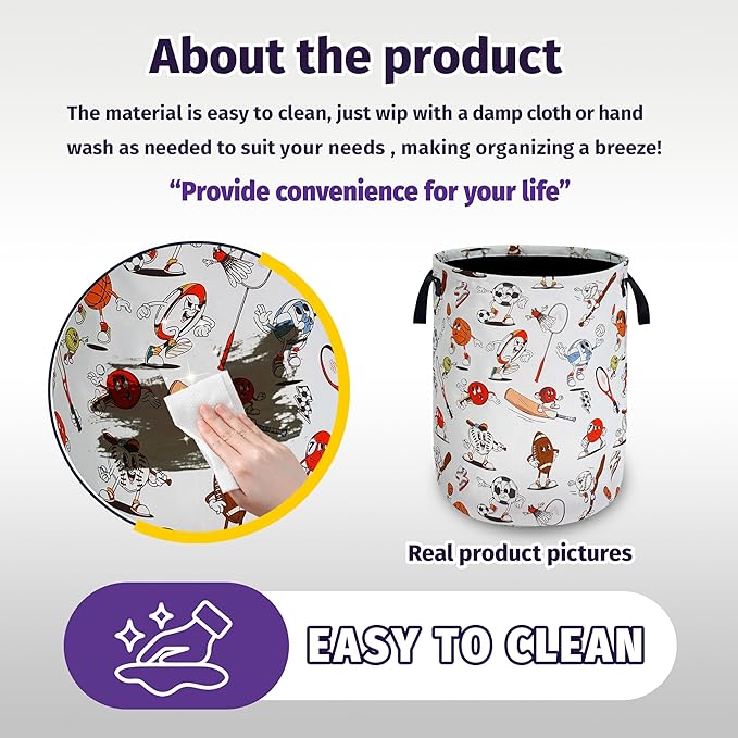 Cartoon Balls Laundry Basket Foldable Waterproof Oxford Cloth With Handle Portable Sports Theme Storage Basket Organizer Suitable For Laundry Room/Bedroom/Children'S Room (18.9 X 16.5 Inch)
