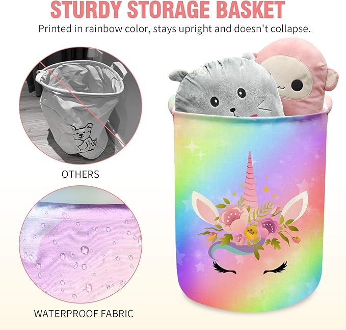 Unicorn Laundry Basket Hamper Large Sized Round Storage Basket Waterproof Bin Collapsible Laundry Basket for Girls Room Organizer, Bedroom Nursery Playroom Clothes (43.3L Cute Unicorn Laundry)