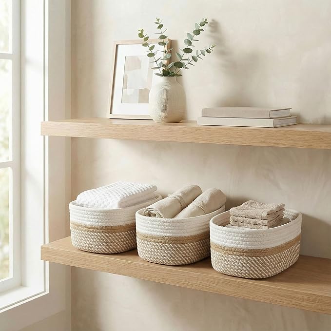 Beautiful Storage Basket Set of 3 - Sturdy Cotton Rope Baskets for Shelves Are Perfect for Organizing Your Home - Quality Storage Bins Easily Fit With Any Nursery or Bedroom Decor