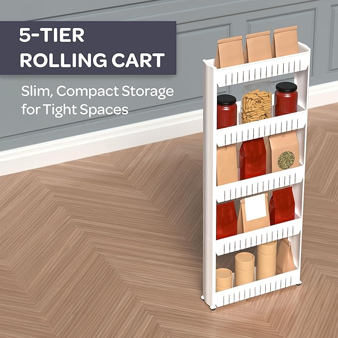Slim Rolling Storage Cart - 5-Tier Utility Cart with Wheels for Bathroom, Kitchen, and Laundry Room - Bathroom Shelves by Lavish Home (White)