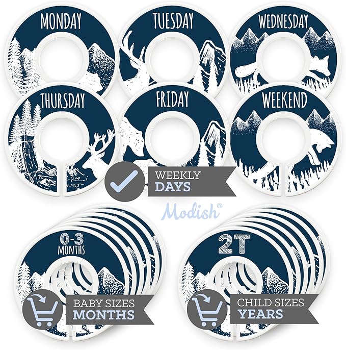 Days of the Week School Clothes Organizer, Modish Labels Weekly Monday through Friday Kids Closet Organization, Girl Boy Neutral Navy Woodland Animal Outdoor Mountain Forest Safari Explorer Room Décor