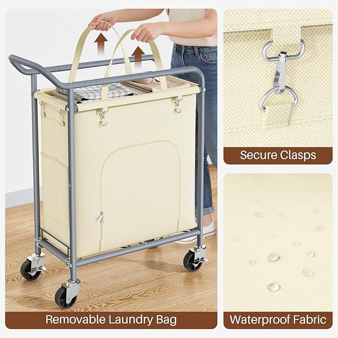 Laundry Basket with Wheels,150L Large Rolling Laundry Hamper, Heavy-Duty Laundry Cart Sturdy Metal Frame with Handle, Minimizes Bending Easy Access Clothing for Bedroom, Bathroom, Laundry Room (Beige)