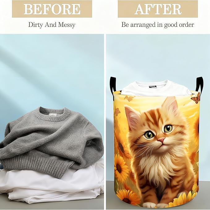 Sunflower Kitten Laundry Basket Hamper for Boys Girls Kids Adults, Foldable Waterproof Oxford Clothes Storage Bin, Cat Organizer for Bedroom Bathroom Room Decor 19.7"x15.8"