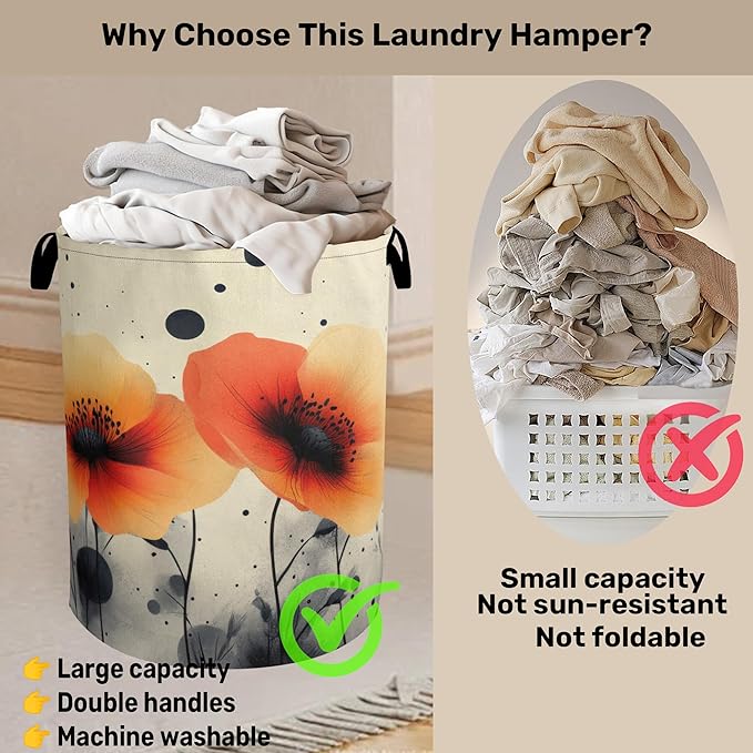 Orange Flowers Laundry Basket - Heavy Duty 60L Dirty Clothes Basket, Water Resistant Foldable Hamper for Men Women, Storage Basket for Bedroom, Bathroom, Nursery