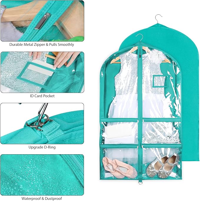 Syeeiex 3" Gusseted Clear Dance Costume Garment Bag(5 Pack), 40'' Dance Garment Bags for Dancers with 4 Zipper Pockets & Can Hold 1-3 Dance Costumes - Suitable for Dance Competitions, Ballet(Green)