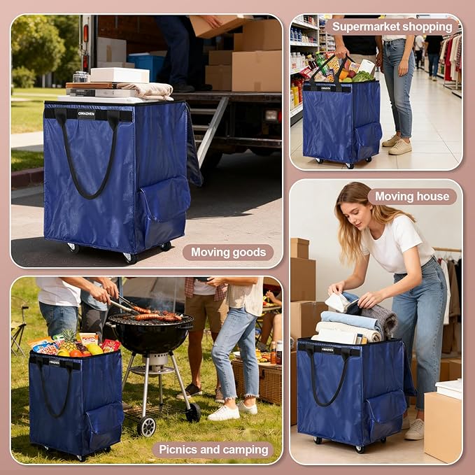 (Medium,Blue) Reusable Grocery Bag on Wheels, Foldable Rolling Tote Bag with 3 Handles and Zipper, Storage Organizer for Clothes & Groceries, Rolling Shopping Cart for Trips, 76lb