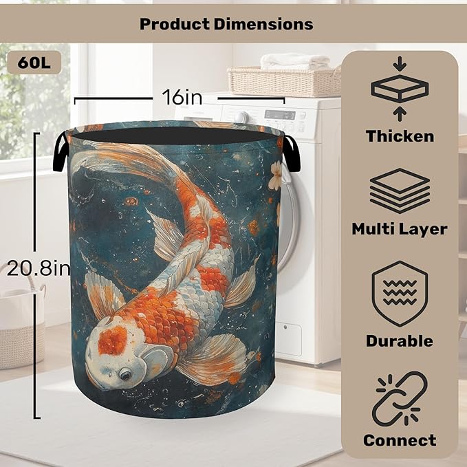 Japanese Style Fish Laundry Basket - Heavy Duty 60L Dirty Clothes Organizer, Water Resistant Foldable Hamper for Men Women
