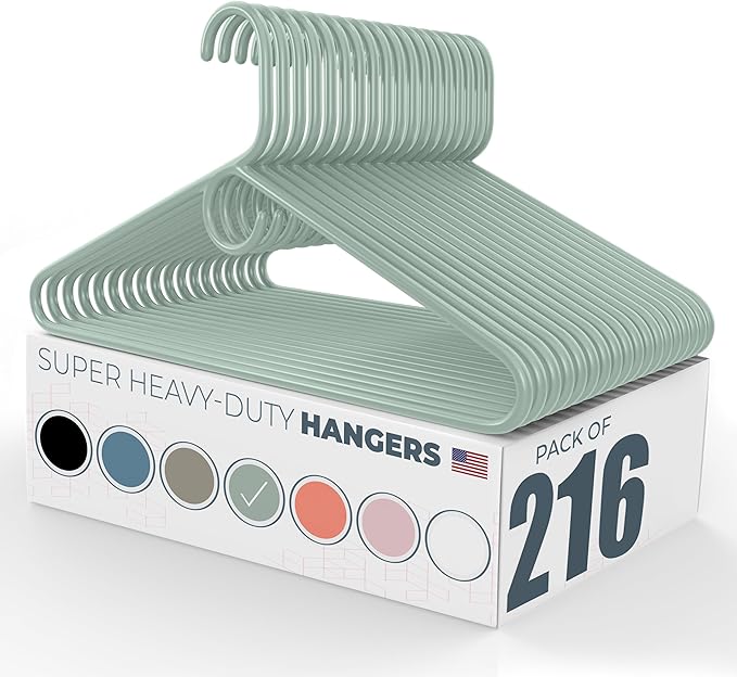 Neaties Super Heavy Duty Clothes Hangers 100+ Pack (216 Count) – Made in the USA - 10lb Capacity, Thick Plastic Hangers for Pants, Coats, Jackets, Jeans and Adult Clothing – Mint