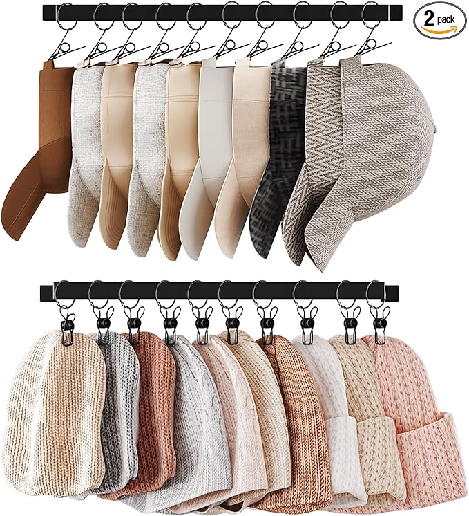 Hat Rack Wall Set of 2, Wall Mounted Hat Hanger Metal with Hooks for Baseball Cap Cowboy Hat, Closet Storage Organizer for Bedroom Entryway