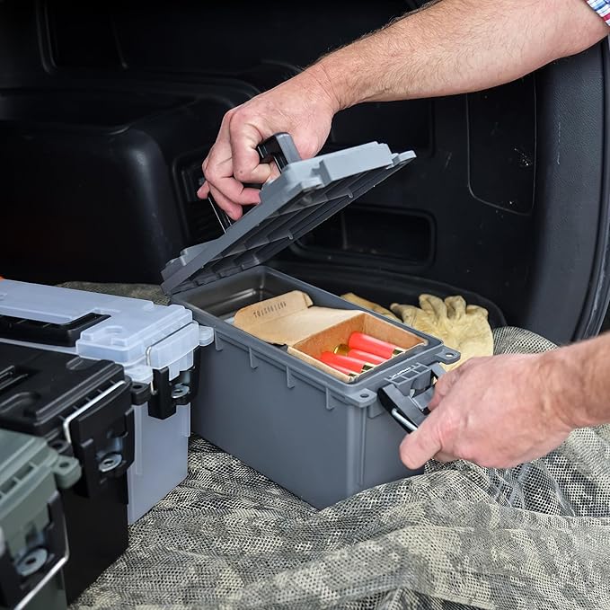 Sheffield 12759 4-Pack Ammo Storage Box, Stackable .30 Cal Field Boxes, Water and Dust Resistant, Lockable Storage Box with Handle, Secures Hunting Gear, Supplies, and Bullets, Made in USA, Gray