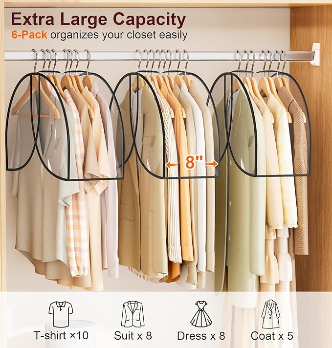 MISSLO 8" Gusseted Shoulder Cover 6-Pack Wide Garment Covers for Clothes Storage Clear Plastic Clothes Cover for Hanging Dustproof Clothes Protectors for Hanging Clothes for Suits, Shirts, Coats