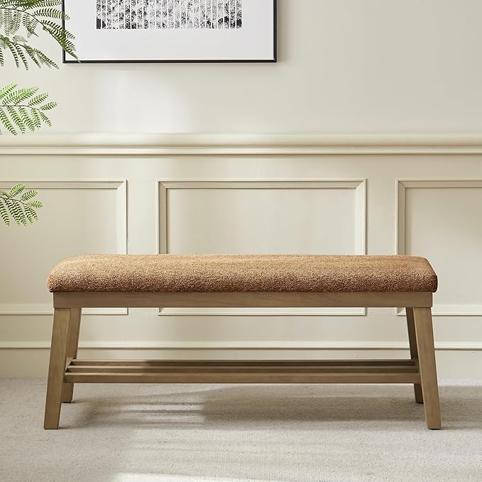 VKNOW Entryway Bench, 44.4" Upholstered Storage Shoe Bench for Entryway & Bedroom, Shoe Rack Bench with Rubberwood Legs, Modern End of Bed Bench for Living Room and Hallway, Orange