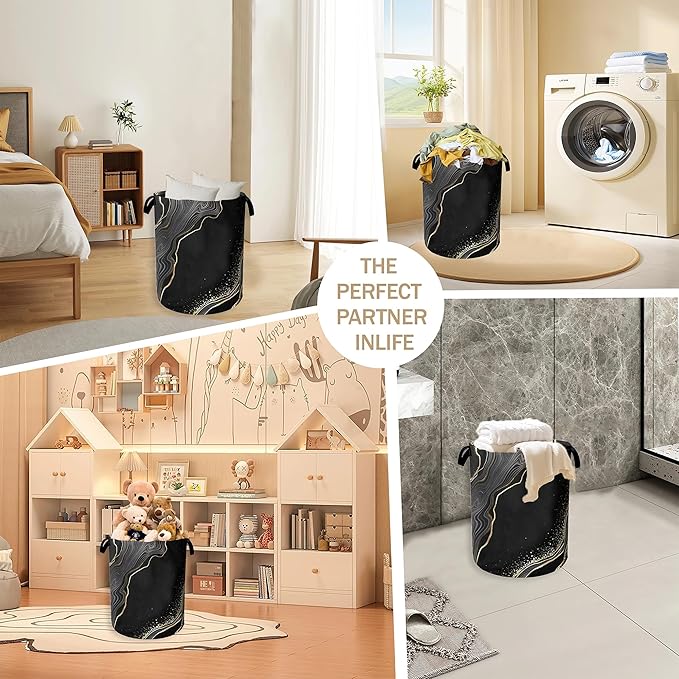Black Gold Marble Laundry Basket,Modern Clothes Hamper,Oxford Cloth Collapsible Nursery Hamper Storage Organization for Bedroom,Bathroom,Office,College Dorms,16x20 Inch