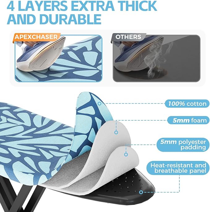 APEXCHASER Ironing Board Full Size, Iron Board and Ironing Board Set Height Adjustable, Foldable Ironing Boards Standard Size, Iron Table Stand with Anti-Skid Legs and Iron Rest, 13" x 43" Blue