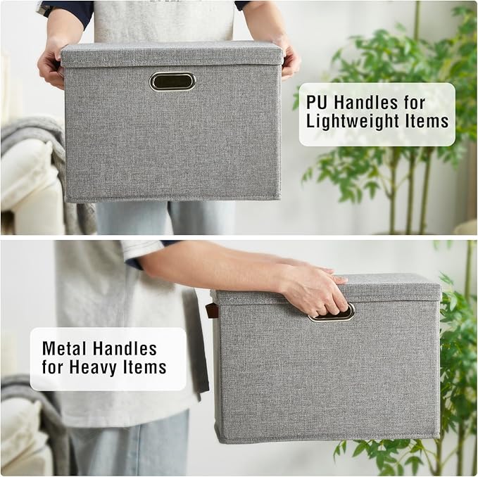 15" Large Collapsible Storage Bins with Lids, Stackable Closet Organizers with PU Handle and Labels, 3-Pack Decorative Fabric Storage Boxes for Home, Bedroom, Closet, Office, Nursery(Gray)