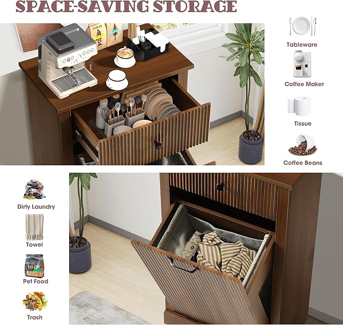 Modern Tilt Out Laundry Hamper Cabinet, Fluted Hidden Garbage Cabinet with Laundry Storage Basket, Wooden Trash Can Cabinets with Drawer (Brown, 13"D x 21"W x 36"H (Single))