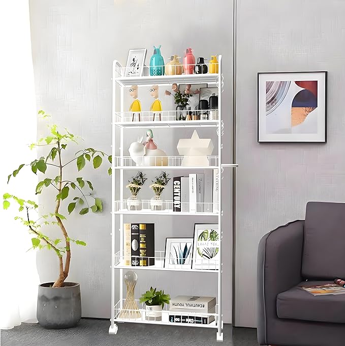 6in 6 Tier Slim Storage Cart with Wheels,Narrow Space Rolling Shelving Unit with Handle, Metal Wire Mobile Organizer Rack for Kitchen Bathroom Office Laundry