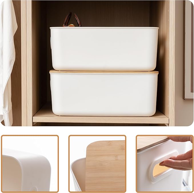 Citylife 4 PCS Storage Bins with Bamboo Lids Plastic Storage Containers for Organizing Stackable Storage Box with Handle, 15.12 x 10.67 x 5.98 inch