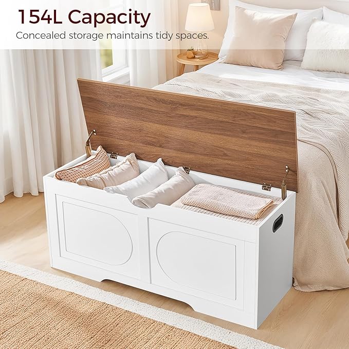 Storage Chest, 43.3” Toy Box, Entryway Storage Trunk, Shoe Bench with Storage, Engineered Wood Storage Cabinet with 2 Safety Hinges, Entrance Bench for Living Room, White + Walnut SCBZ2101