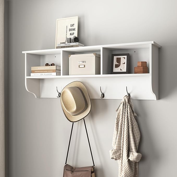 Wall Mounted Coat Rack with 4 Hooks & 3 Shelves, White MDF Entryway Storage, 38.6" Long, Easy Installation