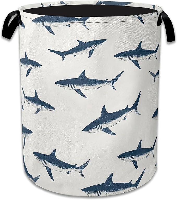 Blue Shark Ocean Laundry Basket Collapsible Laundry Hamper with Handle, Portable Clothes Toy Storage Bin for Bathroom Bedroom Room Decor, Gift Basket 16" X 20.8"