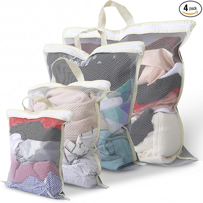 4PCS Mesh Laundry Bags for Washing Machine Hanging Laundry Hamper Delicates Laundry Bag with Handles (S/M/L/XL) Zipper Opening Wash Bag for Coat Sweater Lingerie Sock Sheet