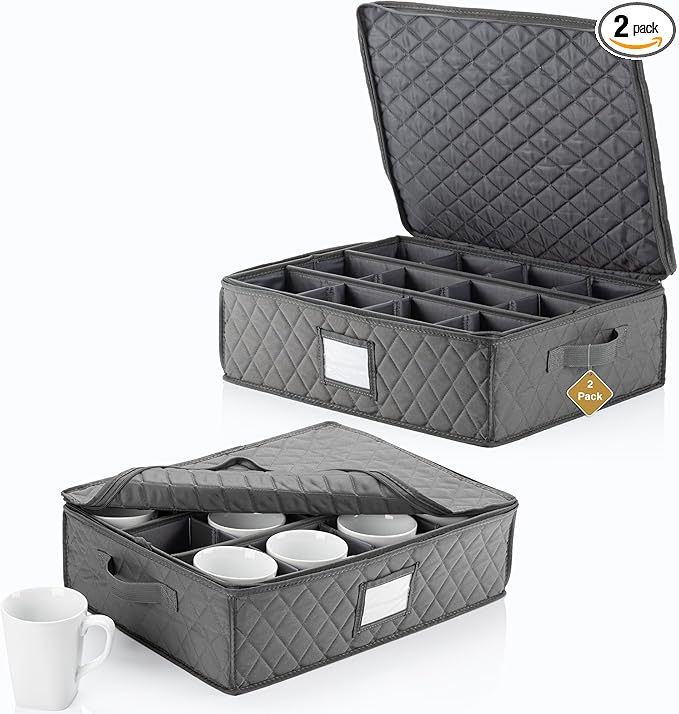 2 Pack - China Cup Storage Chests Hold 24 Coffee Cups or Mugs – Stackable Glassware Organizer with Customizable Dividers and Inner Case for Extra Protection – Gray