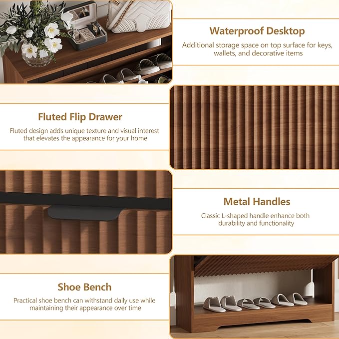 Shoe Cabinet Storage for Entryway with 2 Flip Drawers, Walnut Fluted Shoe Cabinet with Open Storage, Wooden Hidden Shoe Rack Freestanding Narrow Slim Shoes Organizer for Hallway, Entrance