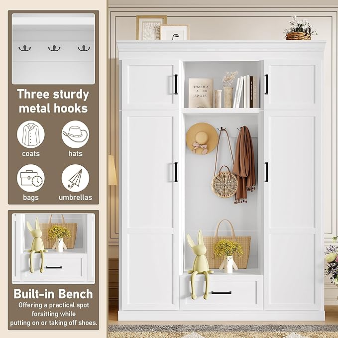 85.2''H Hall Tree with Bench and 3 Hooks, Modern Large Hall Tree with 5 Drawers and Adjustable Shelves, Entryway Storage Organizer Cabinet with 4 Doors for Hallway, Living Room (White/509)
