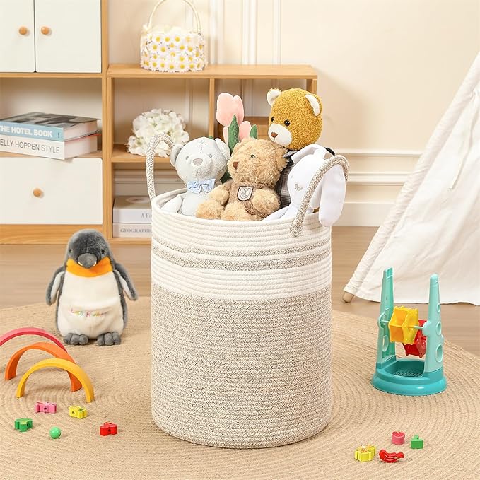 60L Large Woven Laundry Basket Hamper, 100% Natural Cotton Rope, Handwoven & Durable, Storage for Blankets, Toys, Clothes, Nursery Hamper for Living Room, Baby Room (Brown with White)