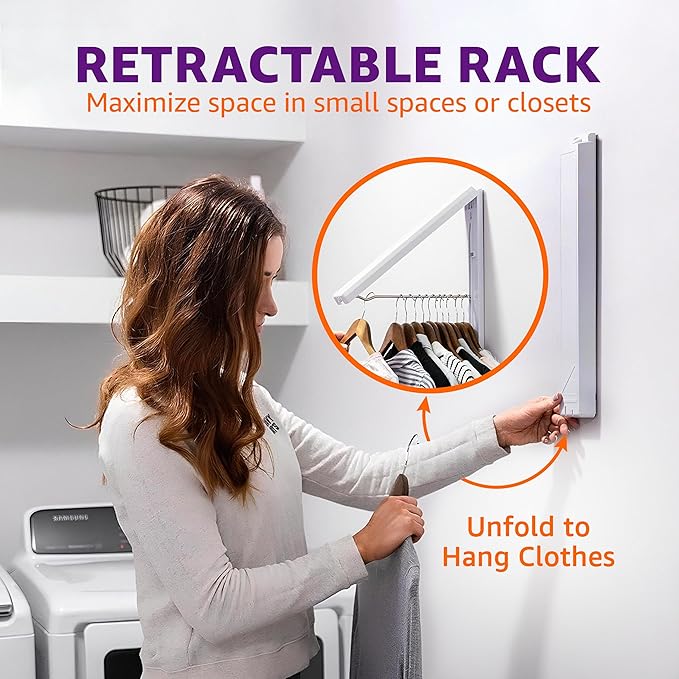 InstaHanger Clothes Drying Rack - Wall Mounted Laundry Drying Rack for Small Spaces - Wall-Mounted Clothes Racks Holds Up to 60 lbs - Space Saving Collapsible Laundry Hanger for Storage