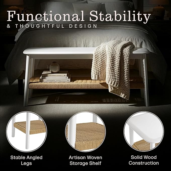 Alaterre Furniture Calais Entryway Bench with Storage Shelf - 48 Inch 2-Tier Storage Bench for Bedroom, Dining Room, Living Room, or Entryway - Wooden Entryway Furniture (White)
