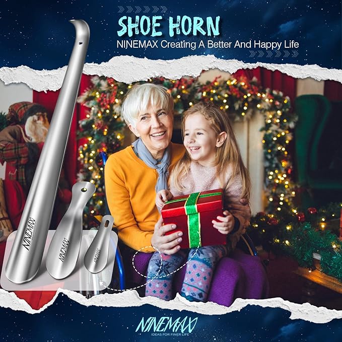 NINEMAX Shoe Horn Long Handle for Seniors Men Women, Metal Long Shoehorn Boot Horn 16.5'', Small Travel Shoe Spoon Helper for Kids 7.5'' and 4''