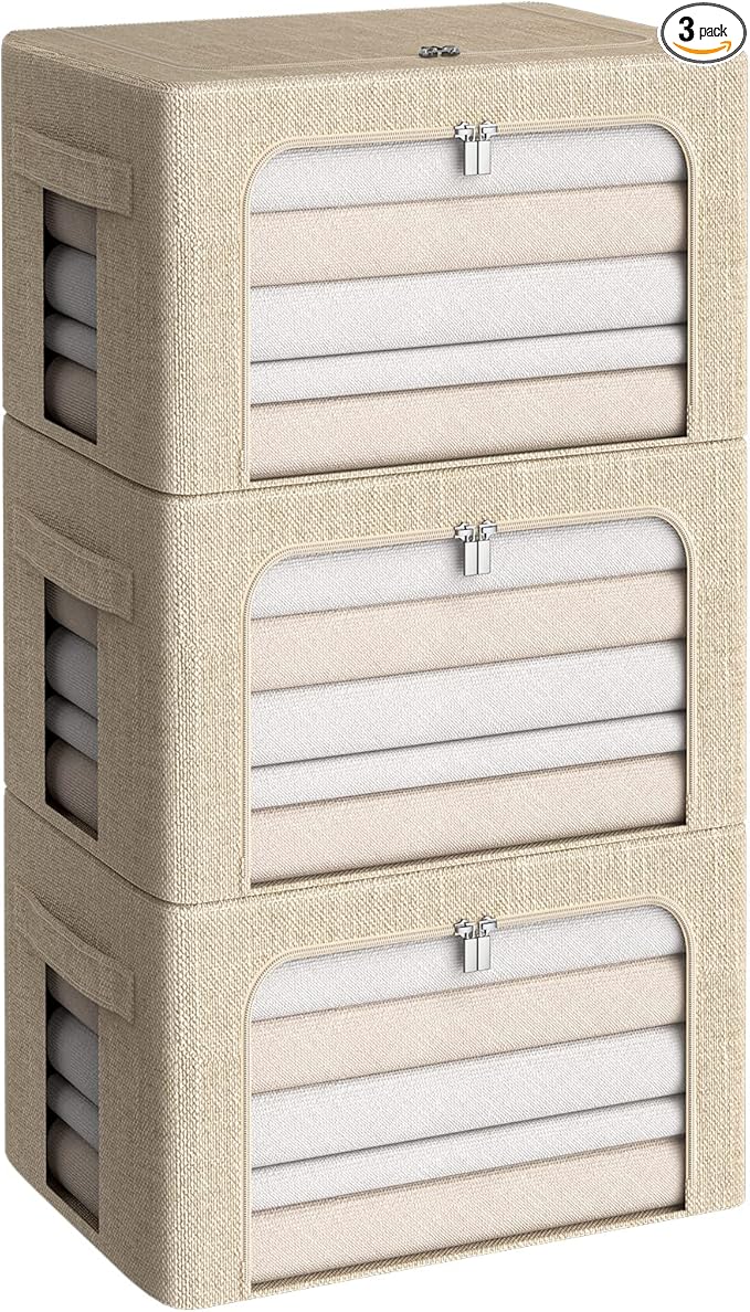 CYhom 3Pack Foldable Storage Bins - Frame Storage Box Linen Fabric Stackable Clothes Container Organizer with Clear Window & Carry Handles Large Capacity (Medium-36L, Beige)